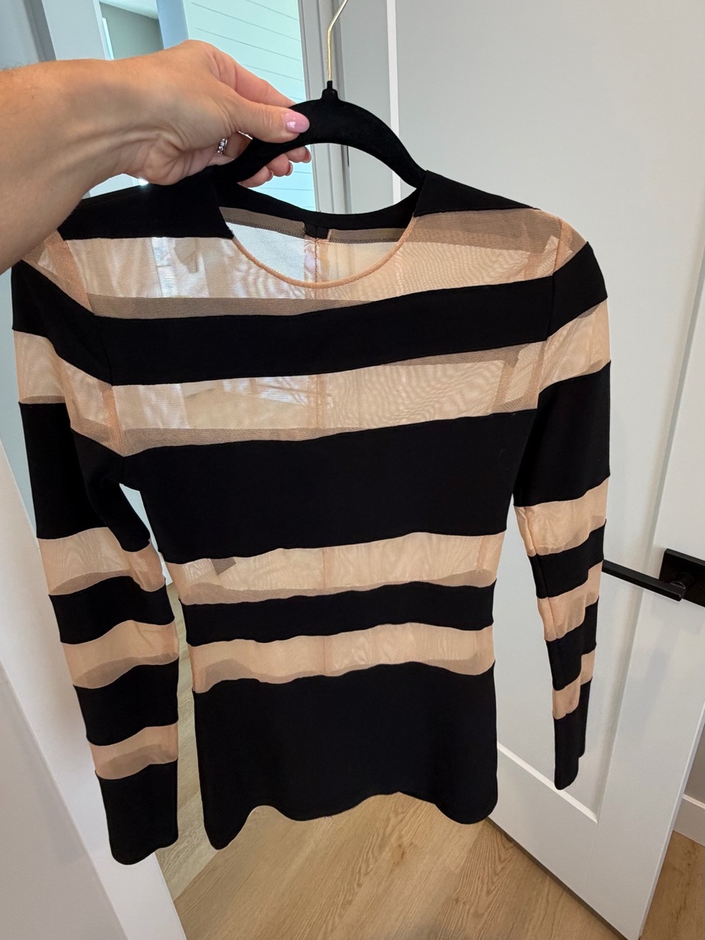 Norma Kamali Spliced Striped Black and Nude Long Sleeve Sheer Top - Picture 3 of 6